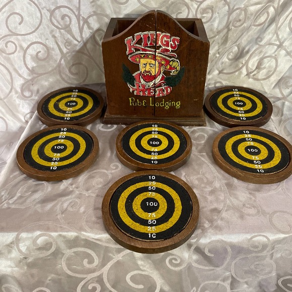 Vintage 1970's The King Of Arms Small Wooden Coaster Set Kings Pub. - Picture 6 of 10